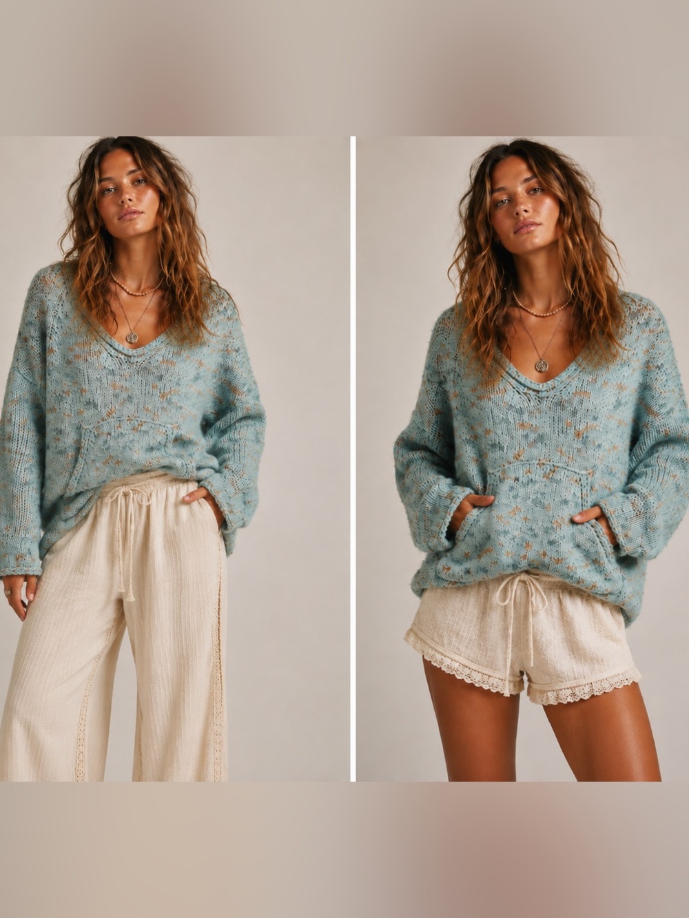 Urban Outfitters BDG Ryleigh Chunky Knit Sweater Blue Confetti Pocket Scoop Neck